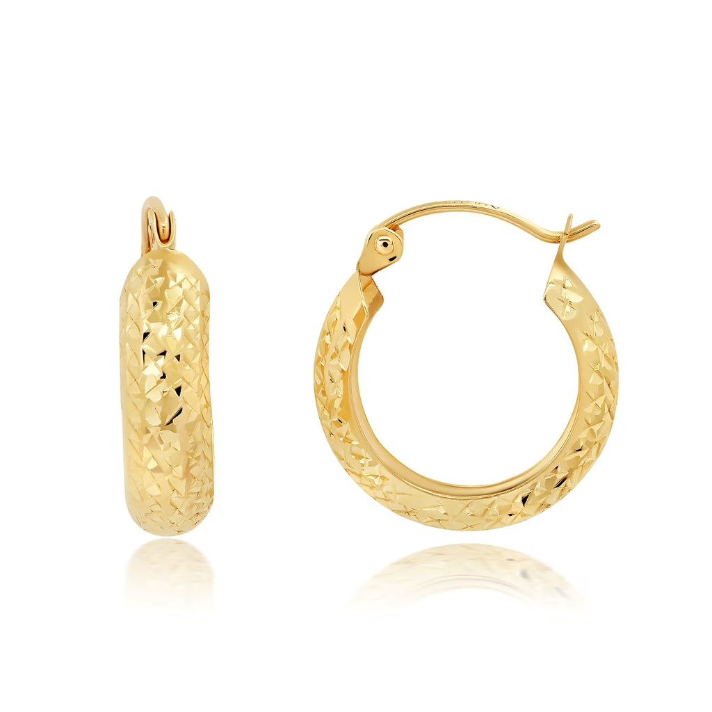 18k Solid Yellow Gold Diamond Cut Hoop Earrings X350