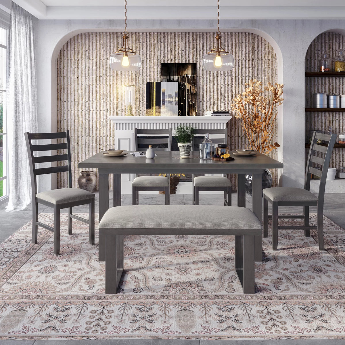 Solid Wood Dining Room Set with Table Chairs and Bench S58140