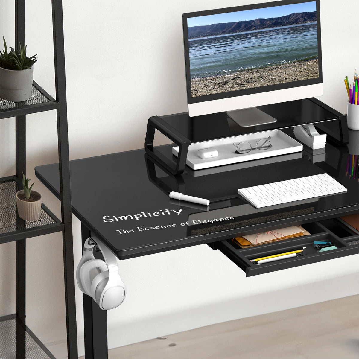 48-Inch Glass Electric Height Adjustable Desk with Drawer, Black K1332