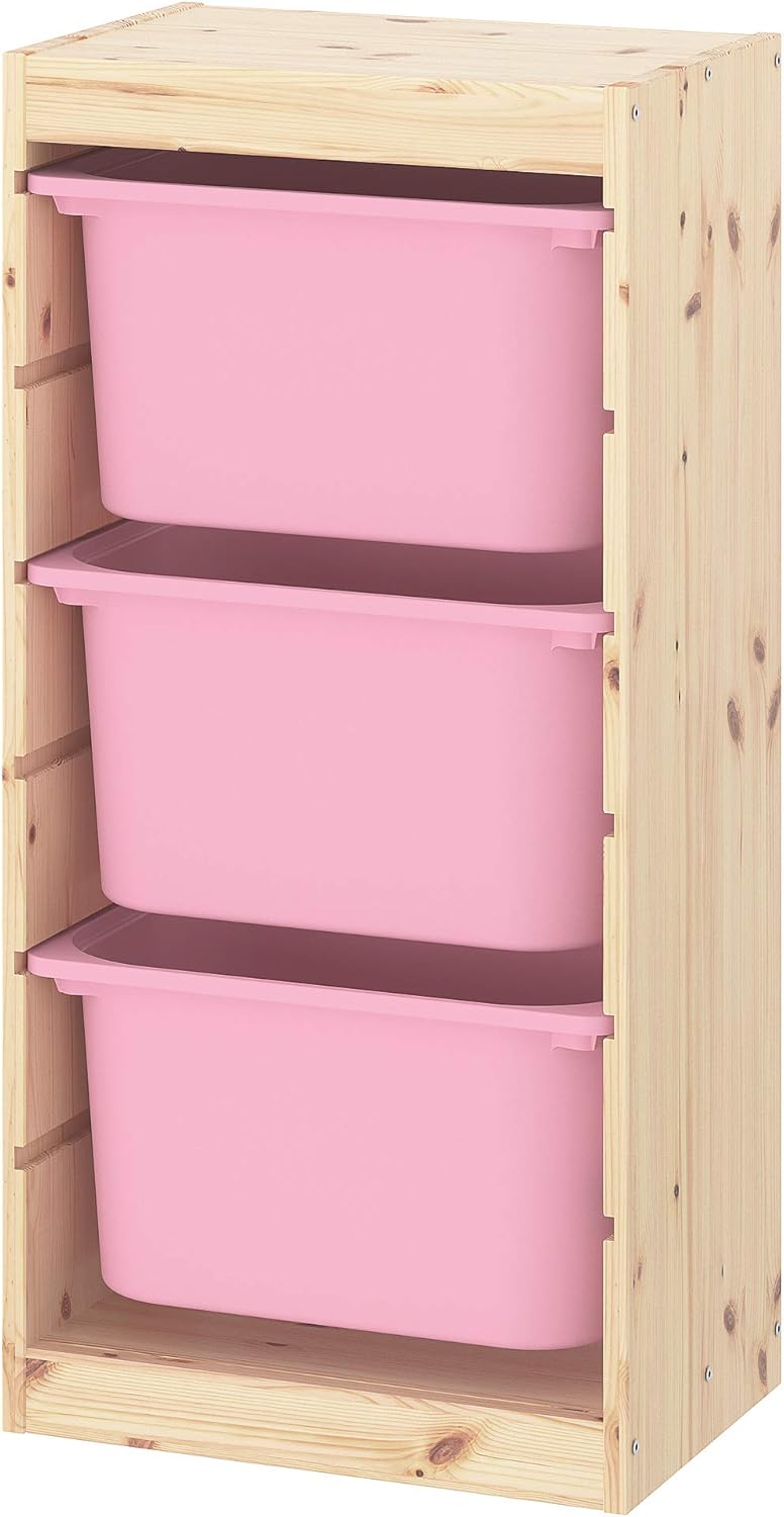 Light white stained pine/pink storage combination with boxes, 44x30x91 cm O9438