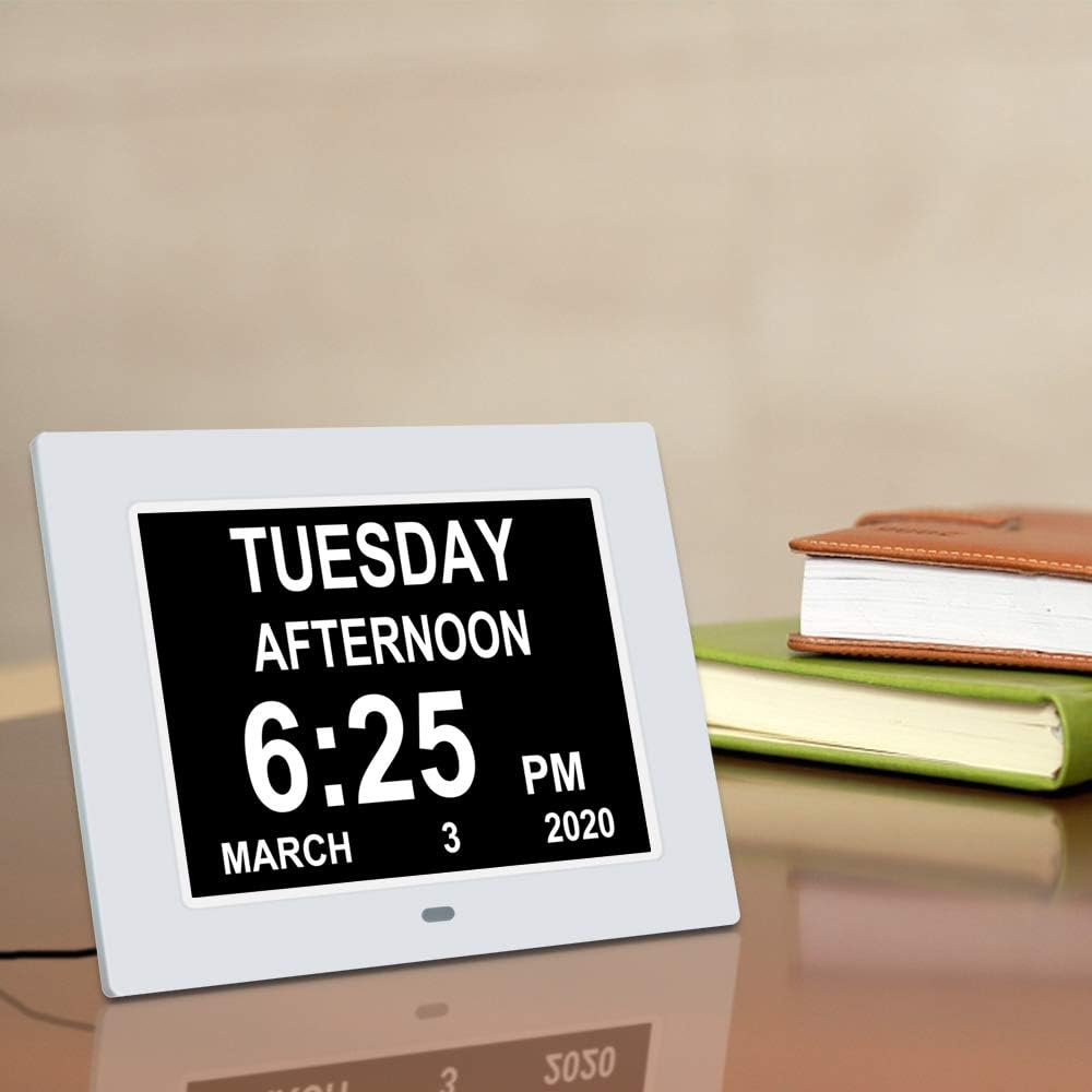 Digital Calendar Day Alarm Clock with 8 Alarm Reminders, 7 inch White G874801