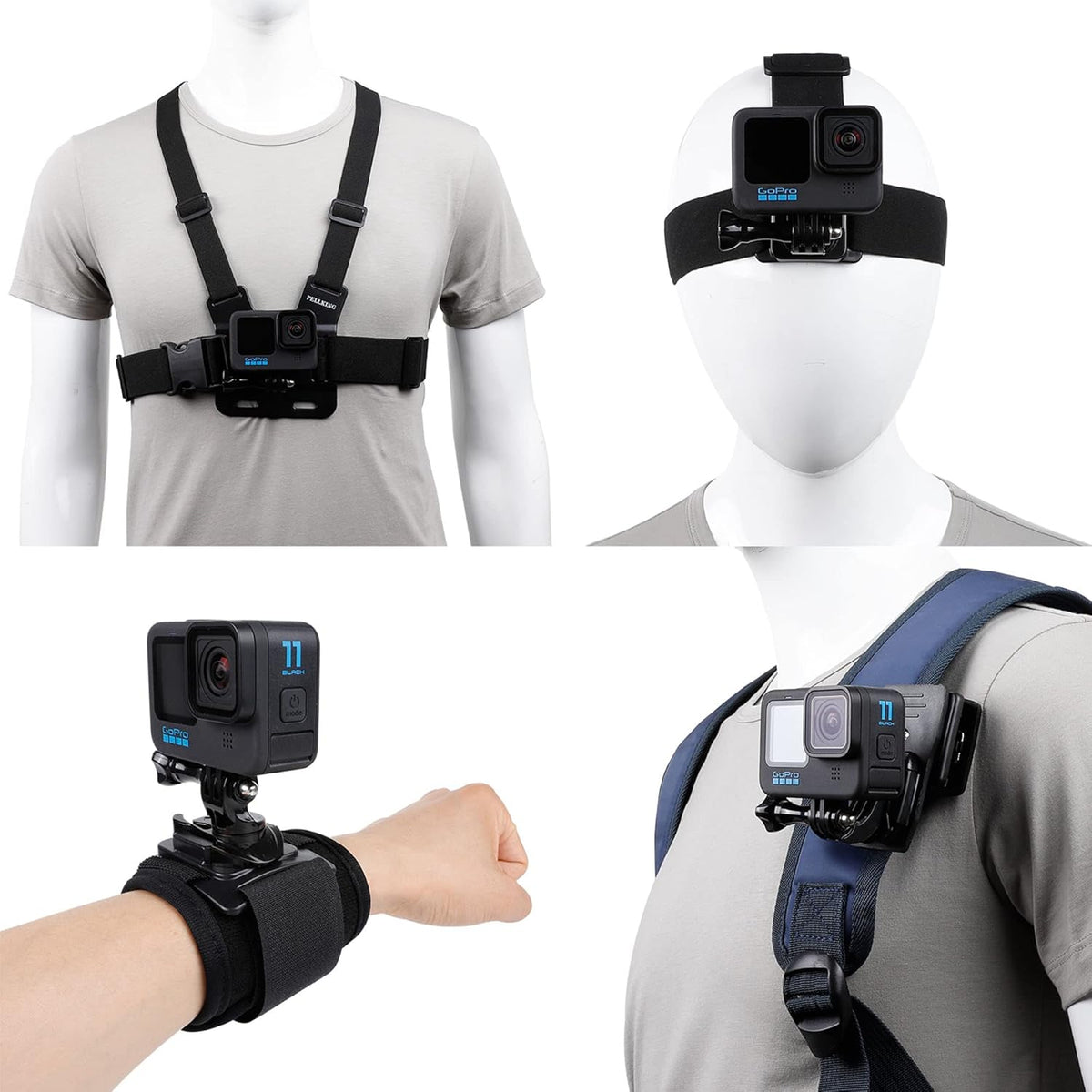 Quick Release Head Strap Mount + Chest Mount Harness + Backpack Clip Holder + 360° Rotating Wrist Strap F57555