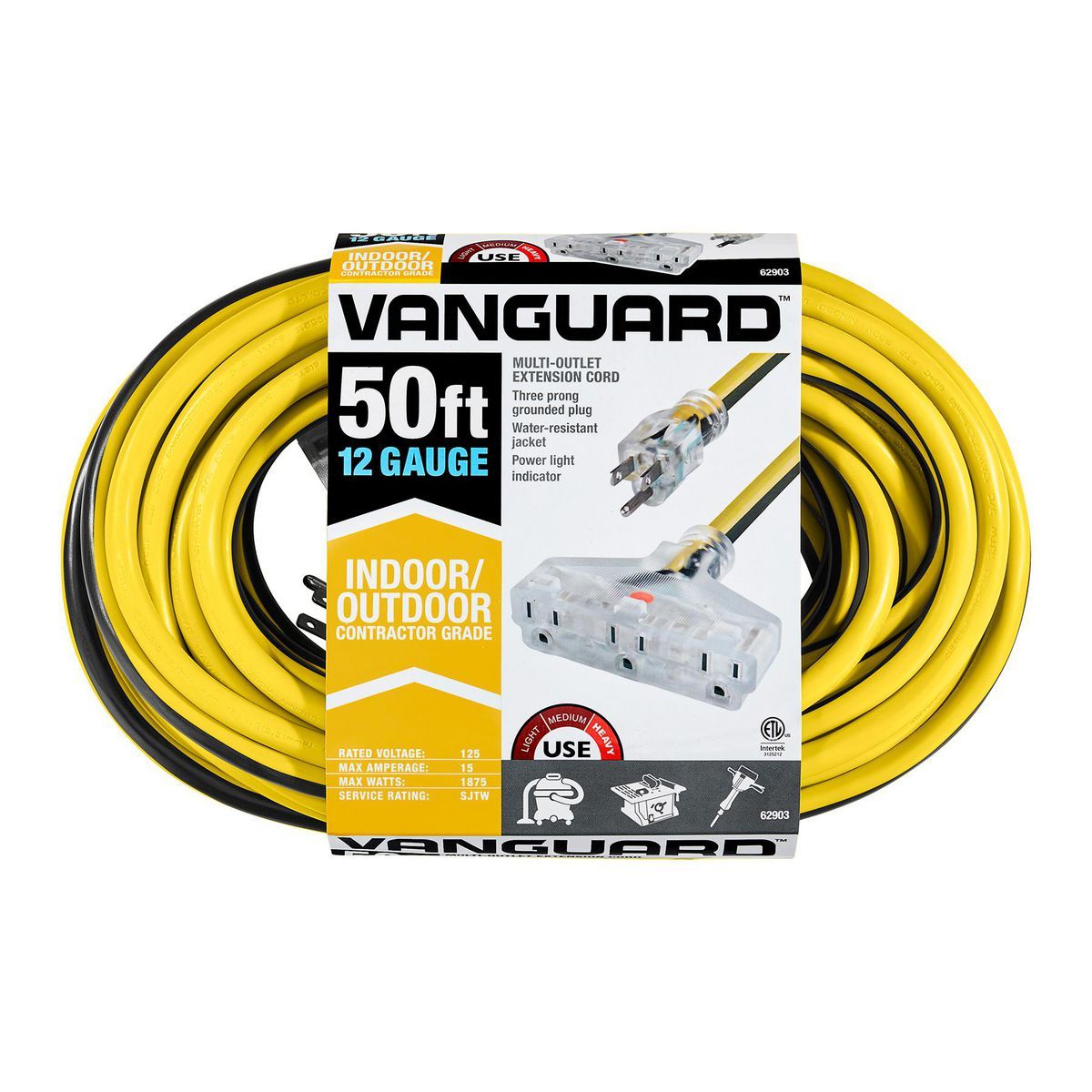 50 ft. 12/3 Gauge Multiple Outlet Extension Cord with Indicator Light, Yellow, Black Q4185