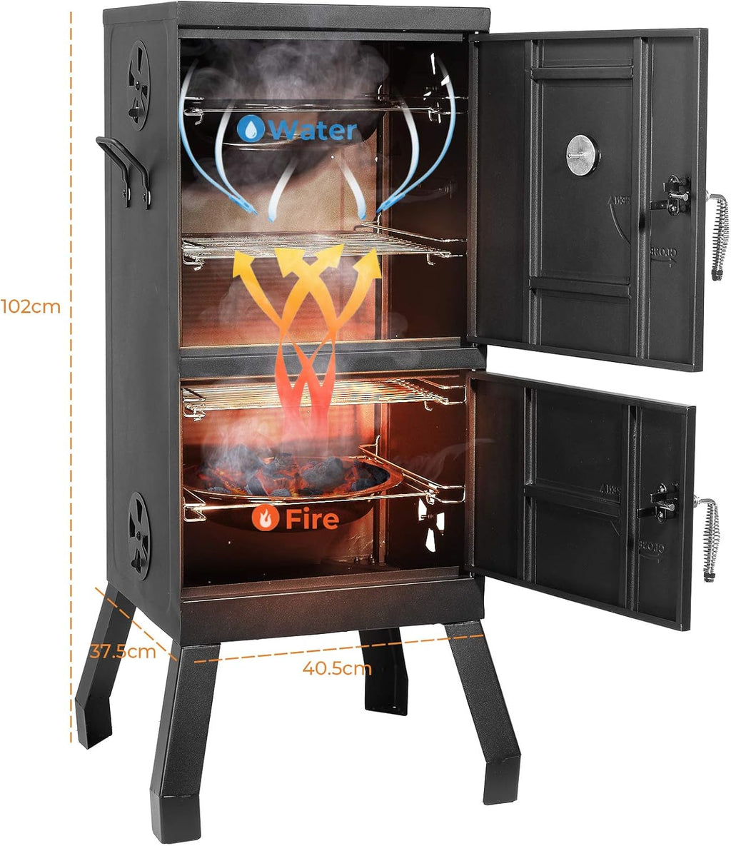 Black Square Charcoal Water Smoker and Grill with Thermometer O851