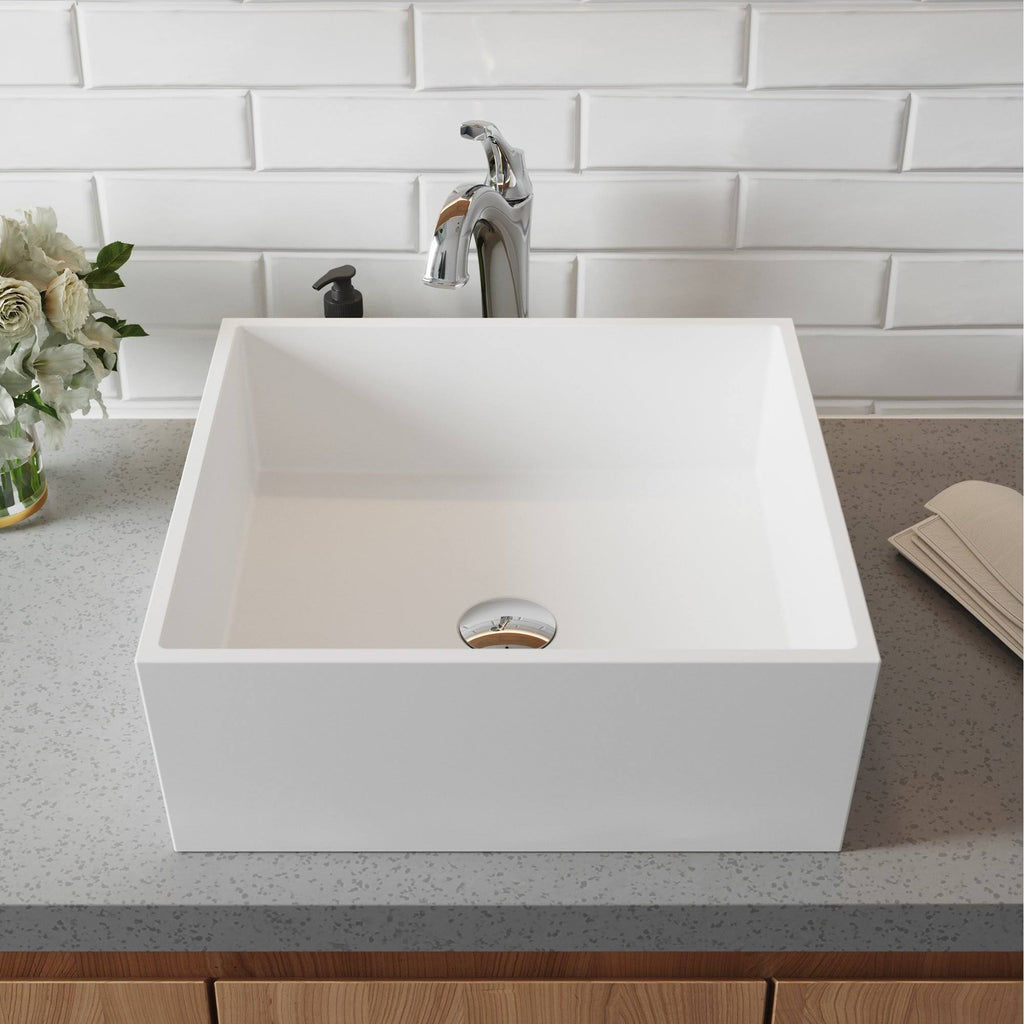 White Matte Solid Surface Square Bathroom Vessel Sink and Faucet H1775