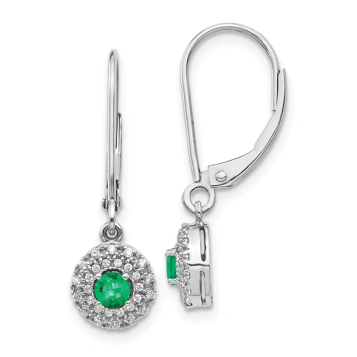 14 Karat White Gold Lab Grown Diamond and Lab Created Emerald Leverback Earrings F214