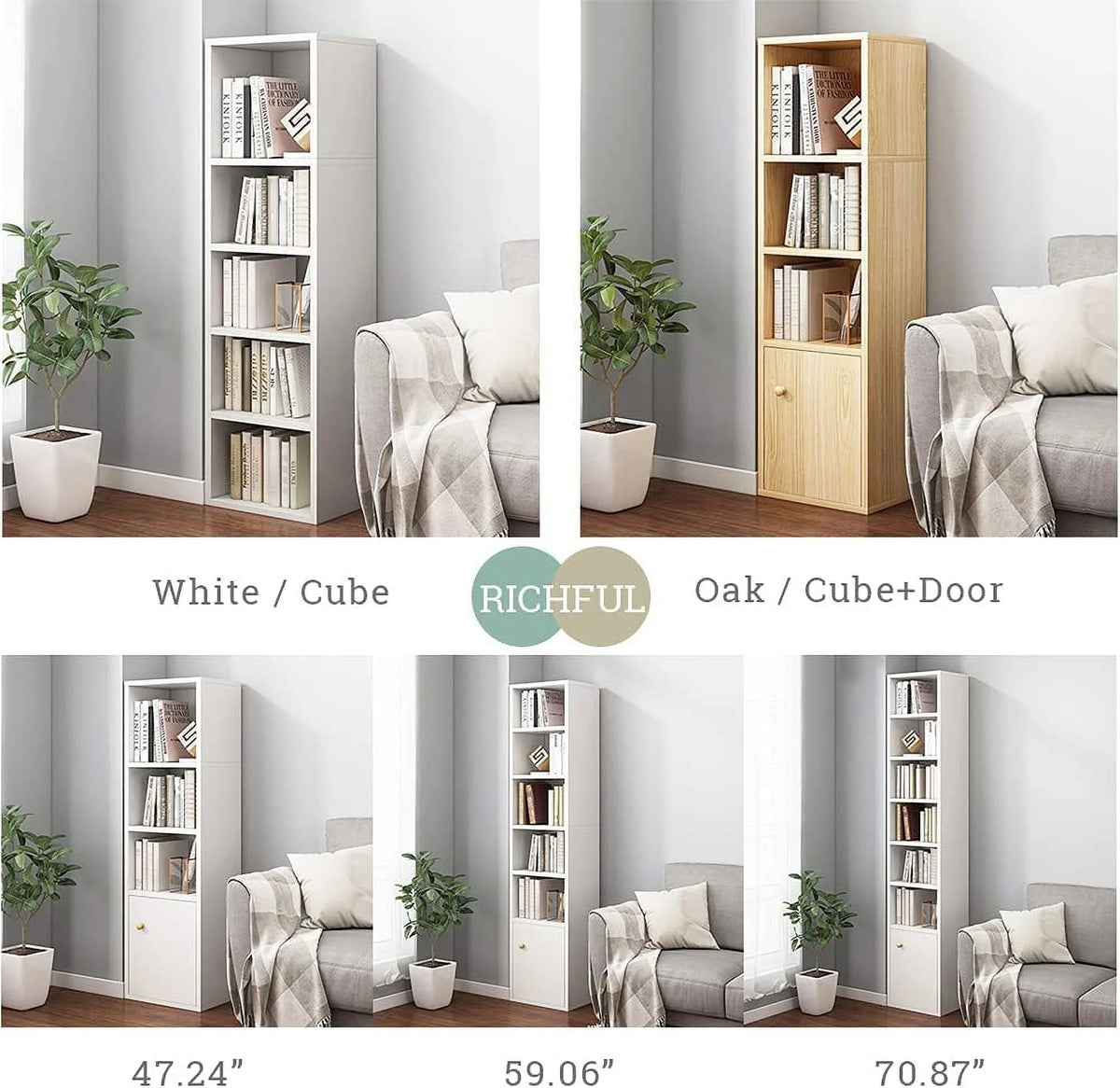 White 71 Inches Tall Narrow Corner Bookcase with Door H1005