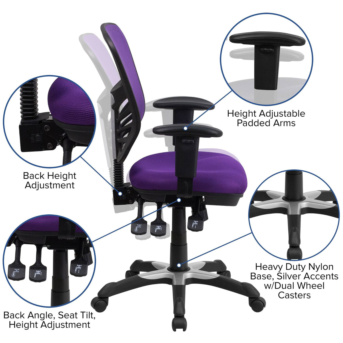 Purple and Black Swivel Ergonomic Office Chair with Adjustable Arms C92058