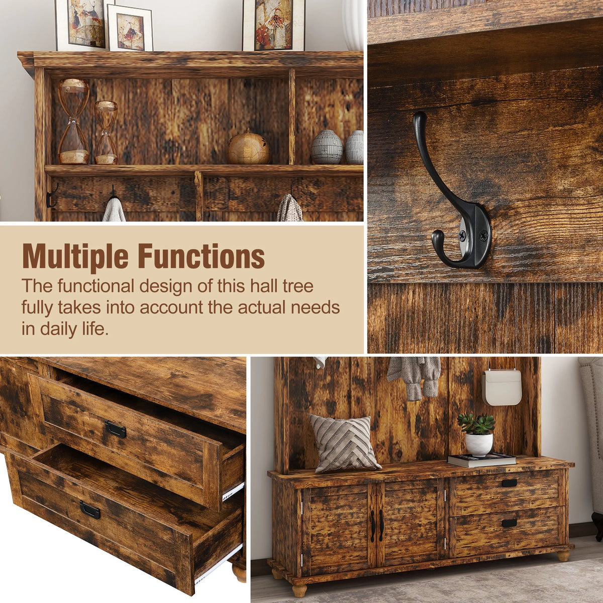 Rustic Brown Hall Tree with Storage Cabinet and 2 Drawers Q175