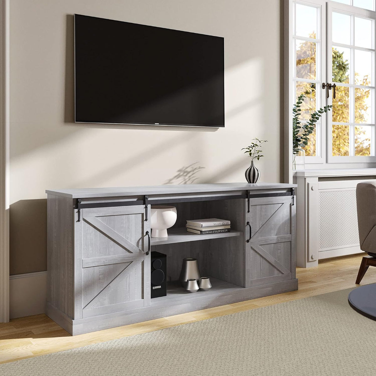 60 Inch Farmhouse TV Stand with Adjustable Shelves and Barn Doors X494