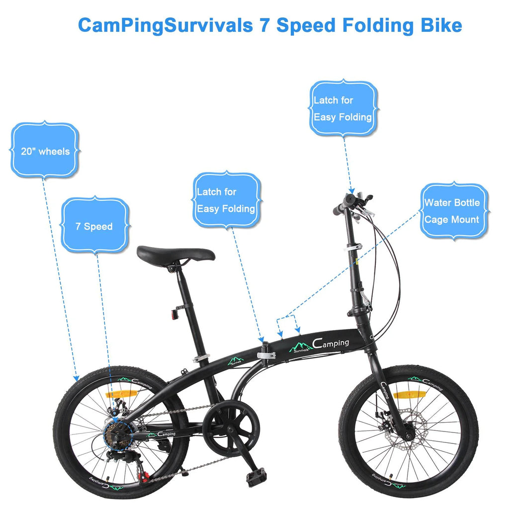 20 Folding Bike, 7 Speed Lightweight City Commuter Bicycle, Black G8601