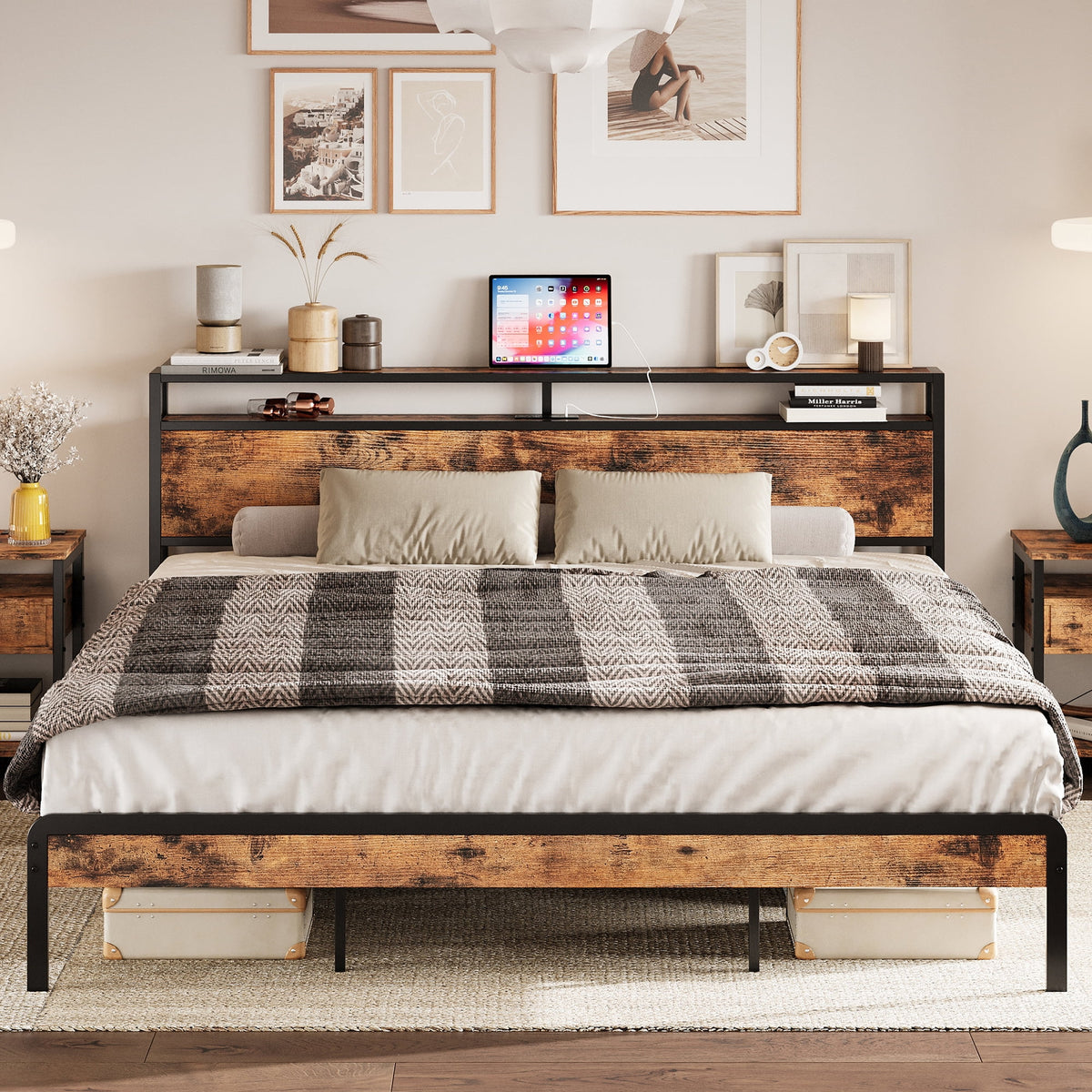Twin Bed Frame with Storage Headboard and Charging Station A6964