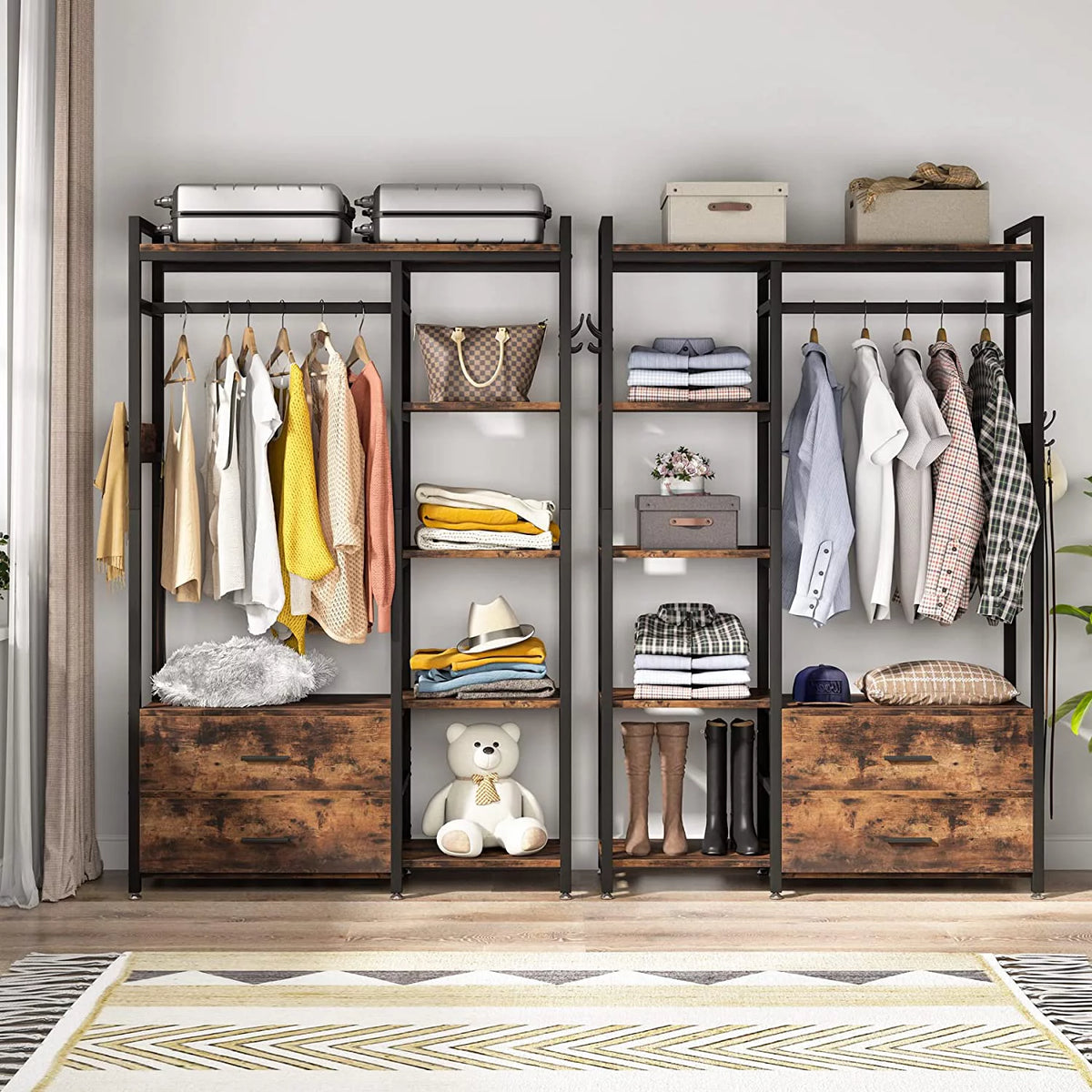 Freestanding Clothes Rack with Drawers and Shelves, Rustic Brown O5594