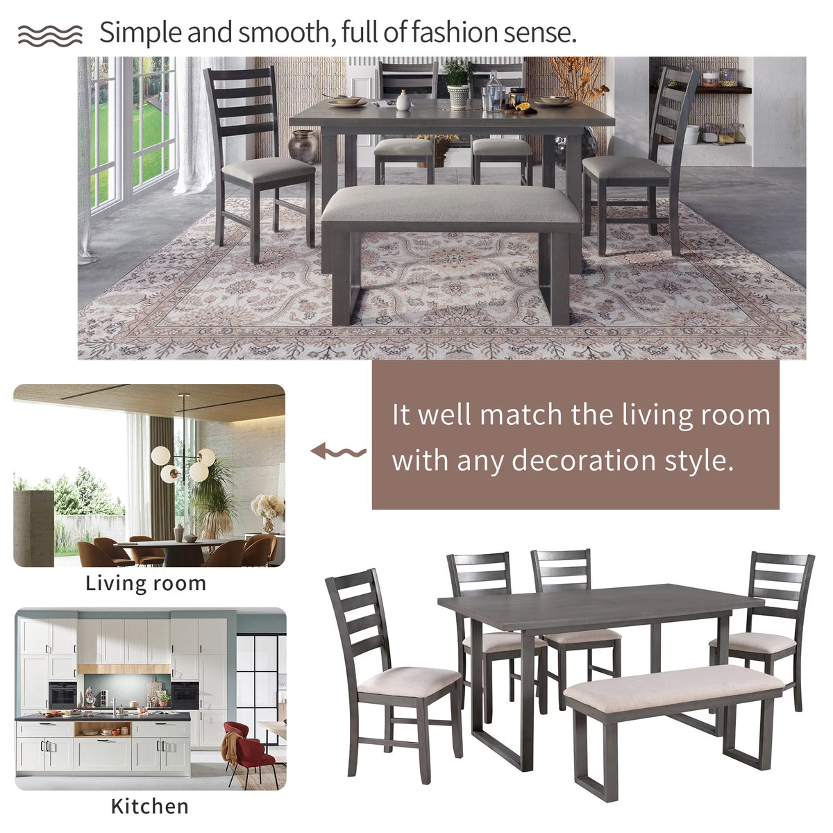 Solid Wood Dining Room Set with Table Chairs and Bench S58140