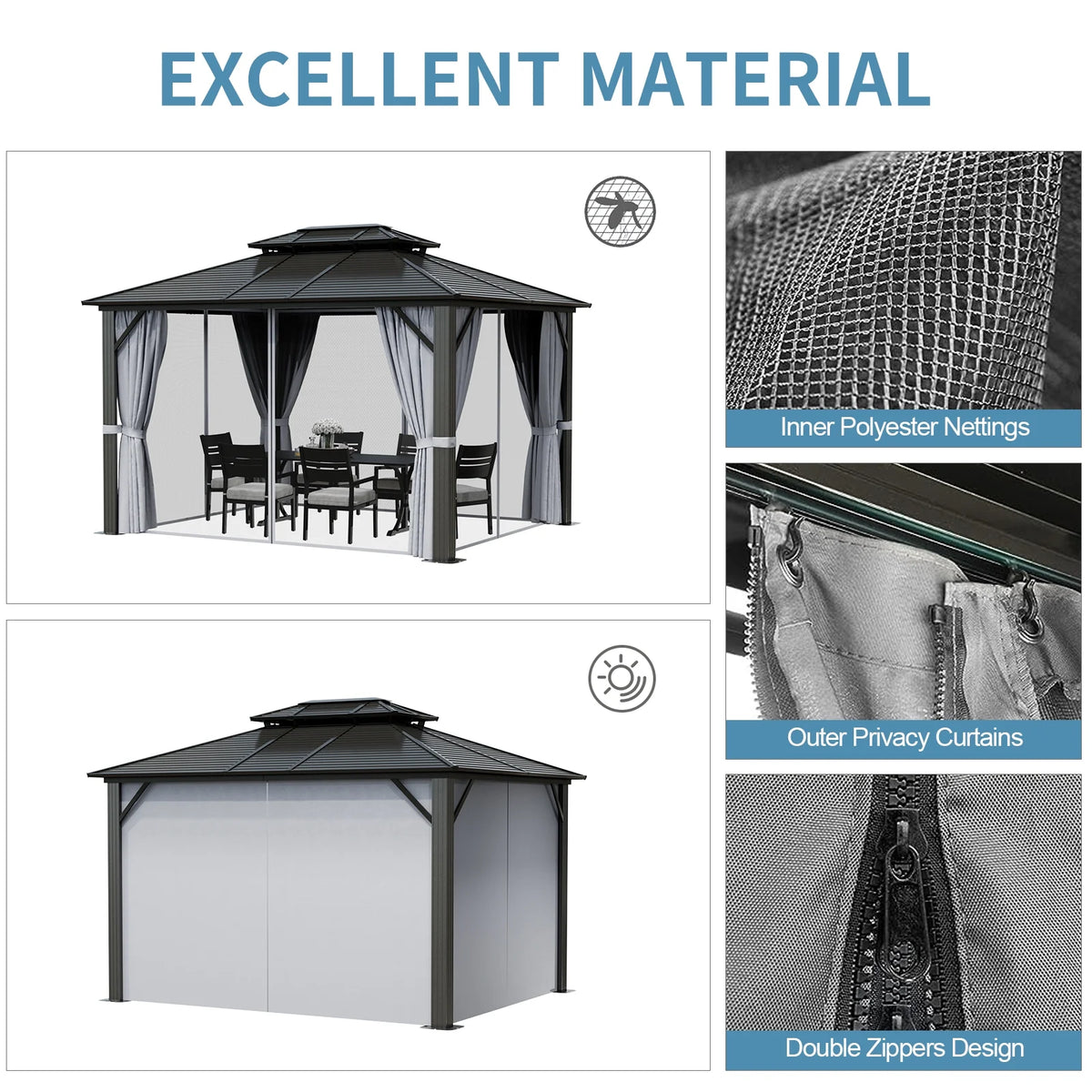10 ft. x 12 ft. Outdoor Hardtop Gazebo with Curtain and Netting, Gray R146835