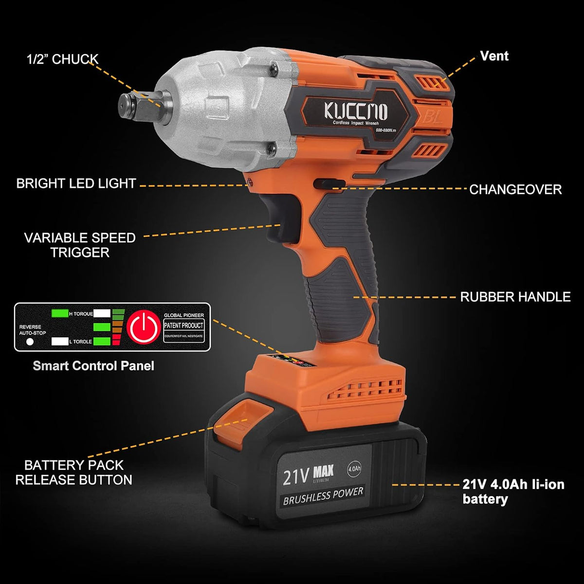 21V Cordless Impact Wrench Kit 4.0Ah Li-ion Battery L609595