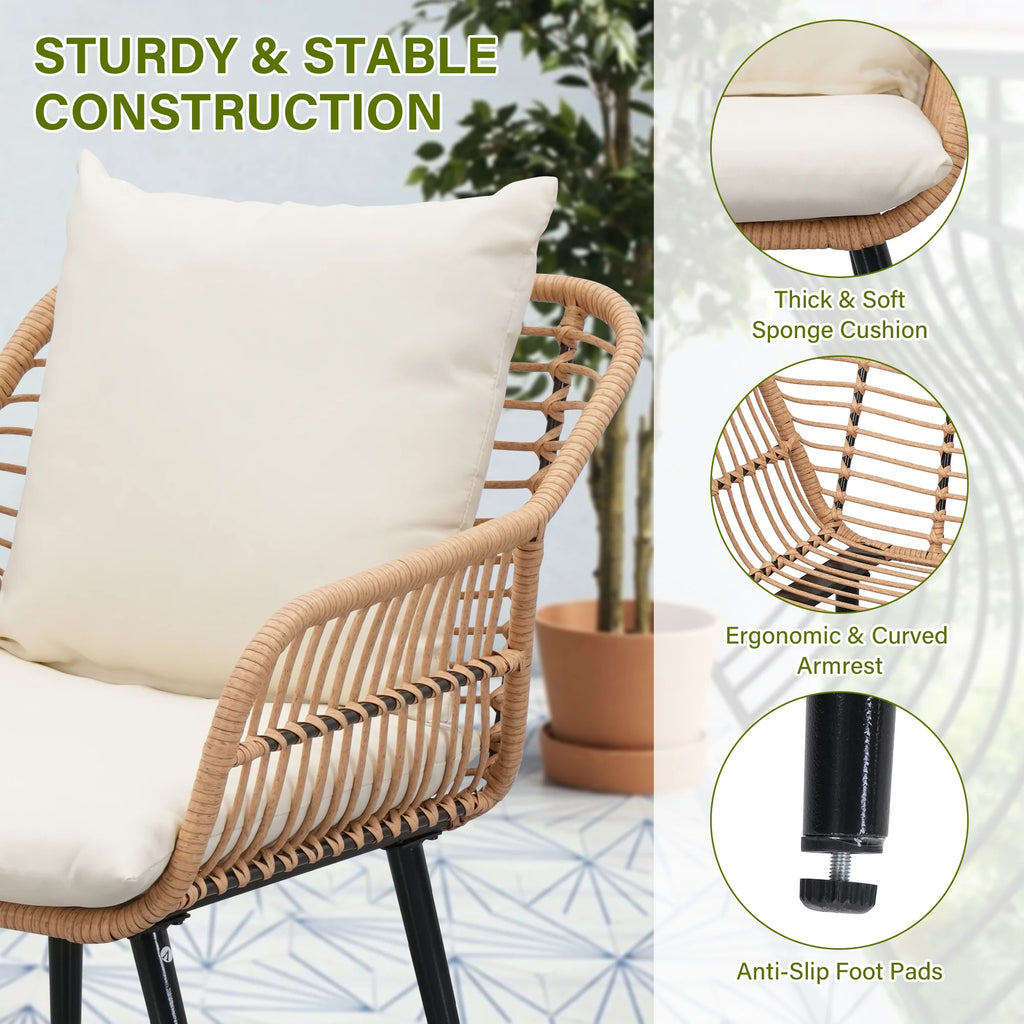 3-Piece Wicker Patio Bistro Set with Glass Top Table & Cushions N7306
