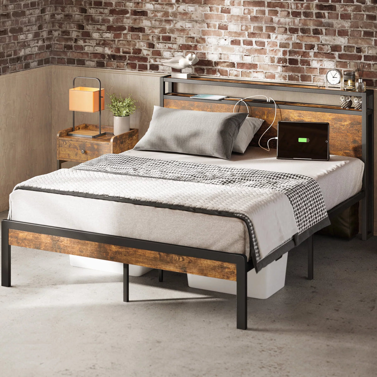Twin Bed Frame with Storage Headboard and Charging Station A6964