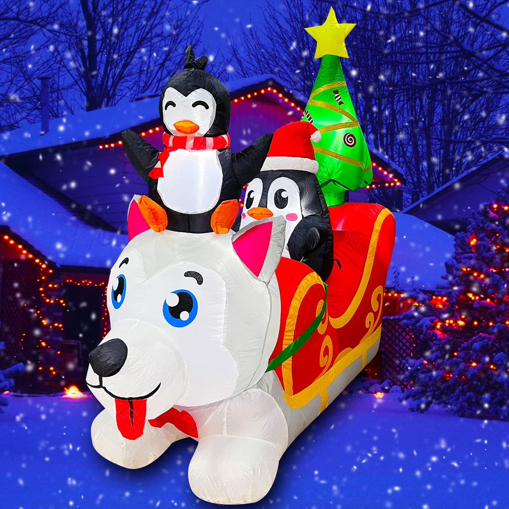 Inflatable Christmas Dog Sledding Decoration with Penguin and Christmas Tree, 5FT V694