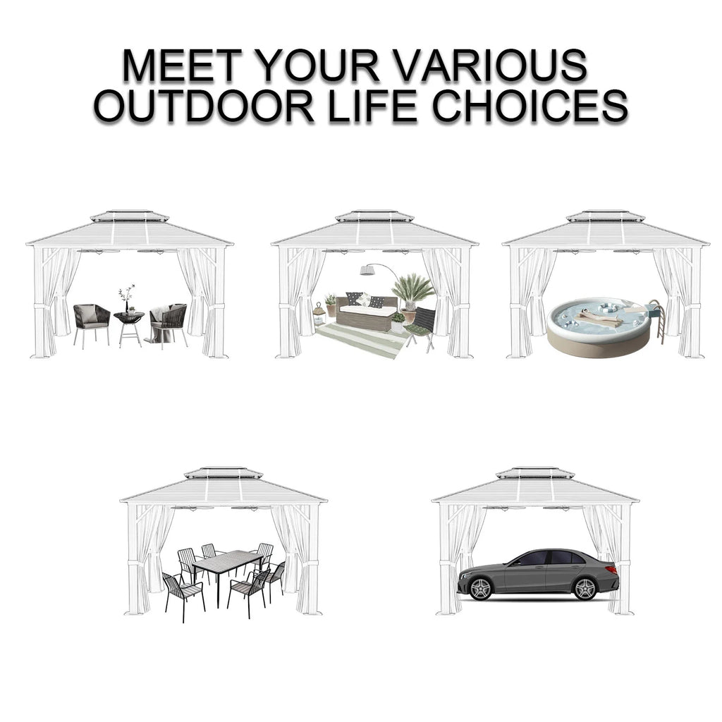 10 ft. x 12 ft. Outdoor Hardtop Gazebo with Curtain and Netting, Gray R146835