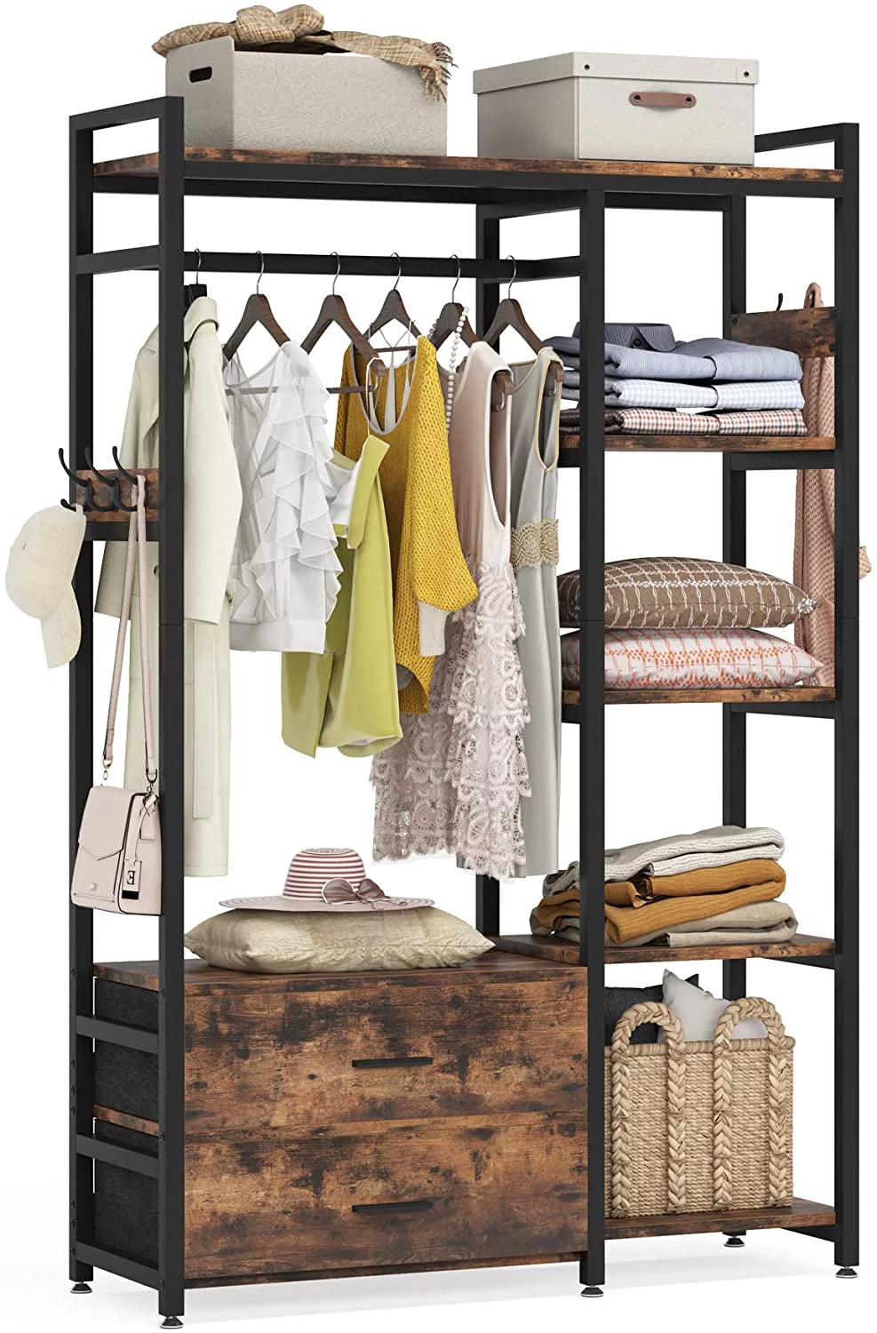 Freestanding Clothes Rack with Drawers and Shelves, Rustic Brown O5594
