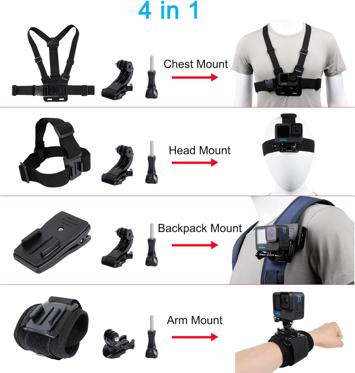 Quick Release Head Strap Mount + Chest Mount Harness + Backpack Clip Holder + 360° Rotating Wrist Strap F57555