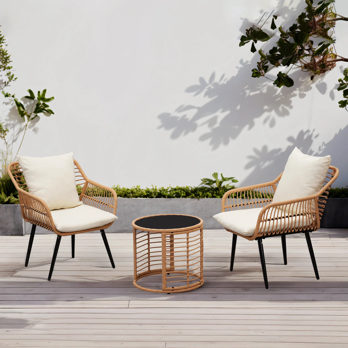 3-Piece Wicker Patio Bistro Set with Glass Top Table & Cushions N7306