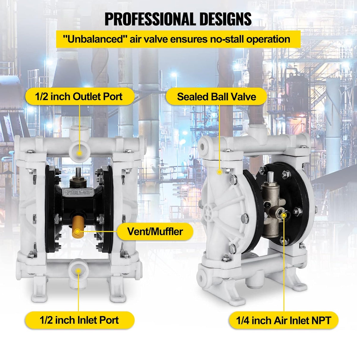 Air-Operated Double Diaphragm Pump 1/2 inch Polypropylene 13 GPM Max 100PSI K54987