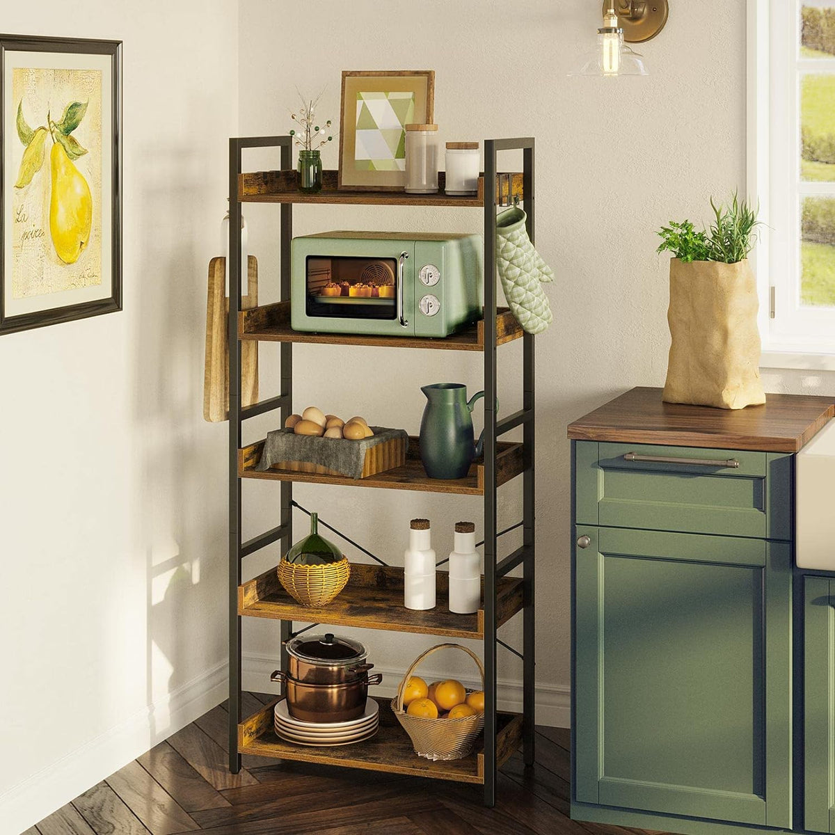 5 Tier Wood Bookshelf with 4 Hooks H6046