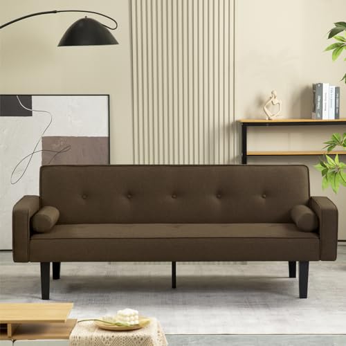 Light Grey Linen Futon Sofa Bed with Solid Wood Legs S599