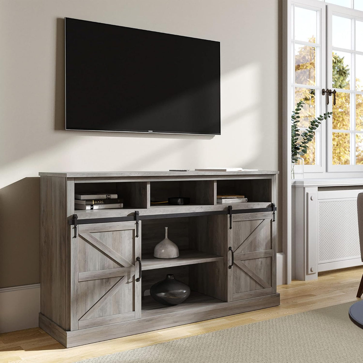 60 Inch Farmhouse TV Stand with Adjustable Shelves and Barn Doors X494