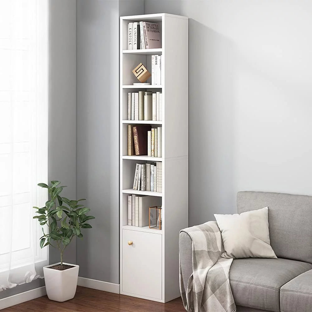 White 71 Inches Tall Narrow Corner Bookcase with Door H1005
