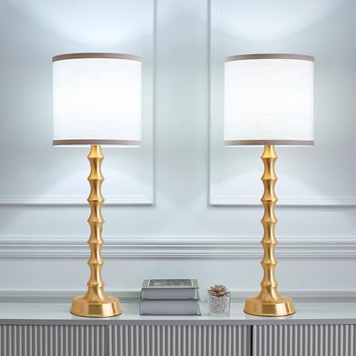 Set of 2 Gold Table Lamps with White Linen Shade Y6940