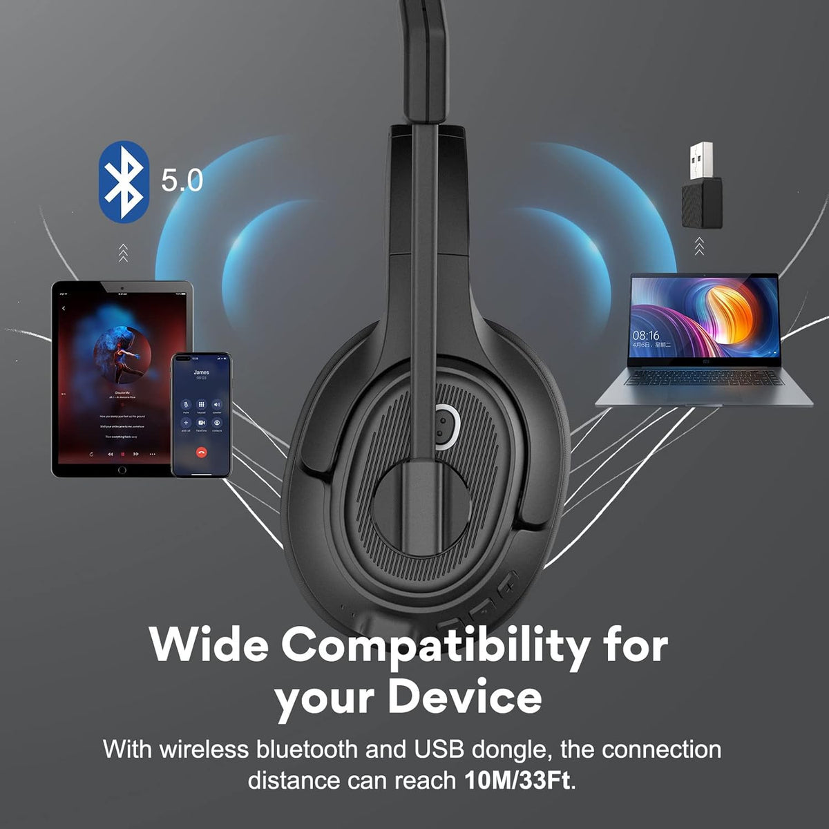 Bluetooth Headsets with Microphone & USB Dongle, 30 Hours Talk Time, Over-Ear Wireless Headphone S54563
