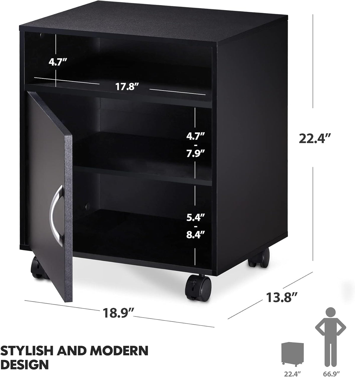 Mobile Black Wood Printer Stand with Storage Shelves and Wheels R119365