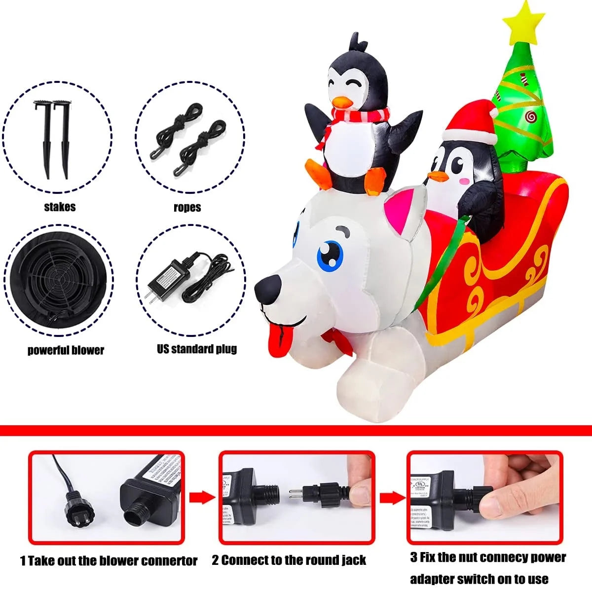 Inflatable Christmas Dog Sledding Decoration with Penguin and Christmas Tree, 5FT V694