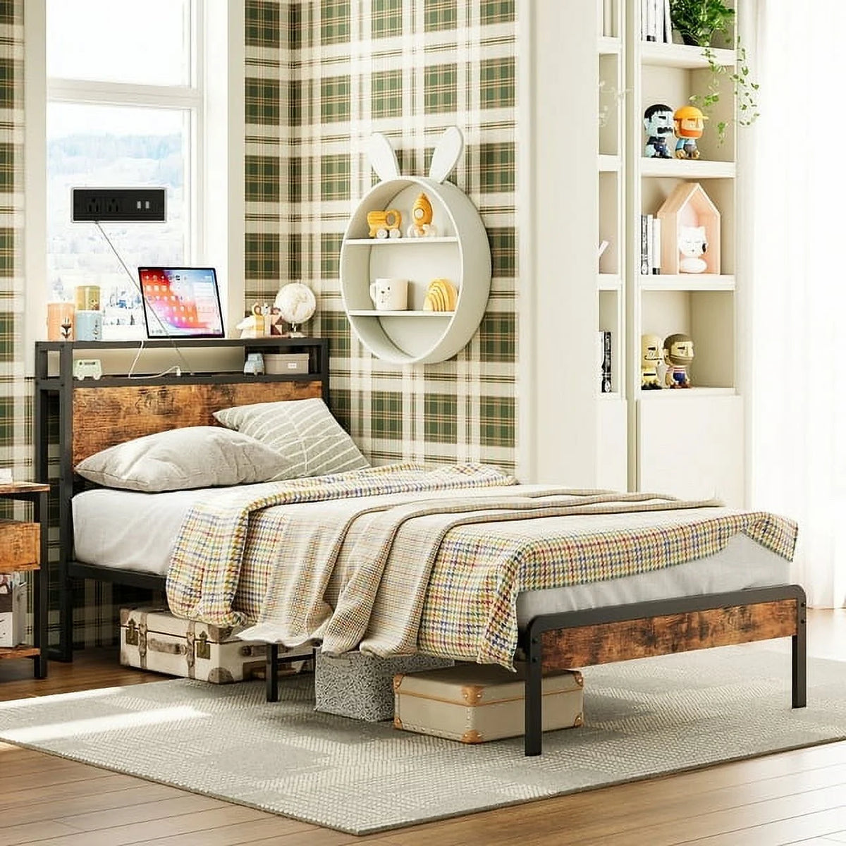 Twin Bed Frame with Storage Headboard and Charging Station A6964