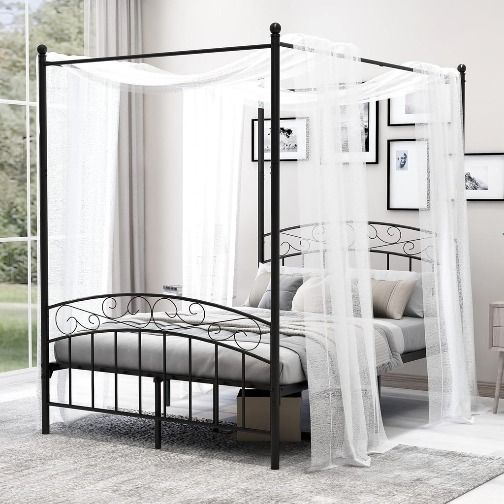 Queen Size White Metal Canopy Bed Frame with Headboard H34230