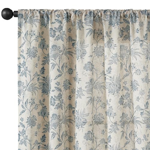 Sage Green Linen Floral Curtains 84 Inch Length Set 2 Panels I39238