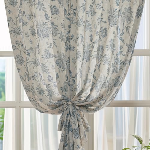 Sage Green Linen Floral Curtains 84 Inch Length Set 2 Panels I39238