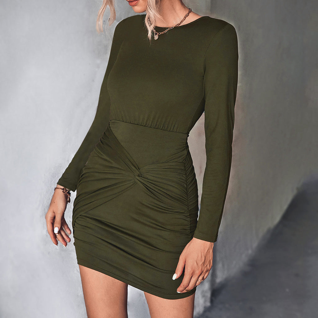 Solid Color Crew Neck Midi Dress V426