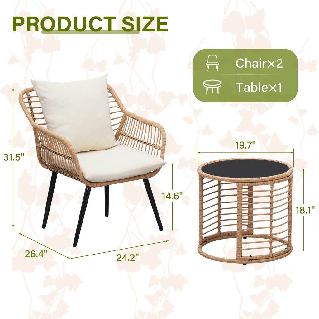 3-Piece Wicker Patio Bistro Set with Glass Top Table & Cushions N7306