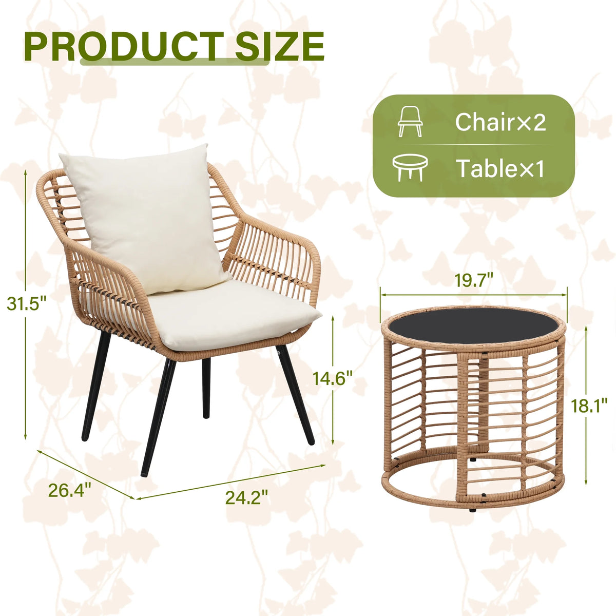 3-Piece Wicker Patio Bistro Set with Glass Top Table & Cushions N7306