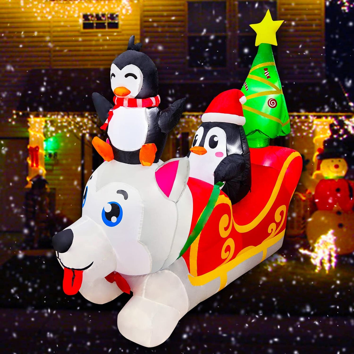 Inflatable Christmas Dog Sledding Decoration with Penguin and Christmas Tree, 5FT V694