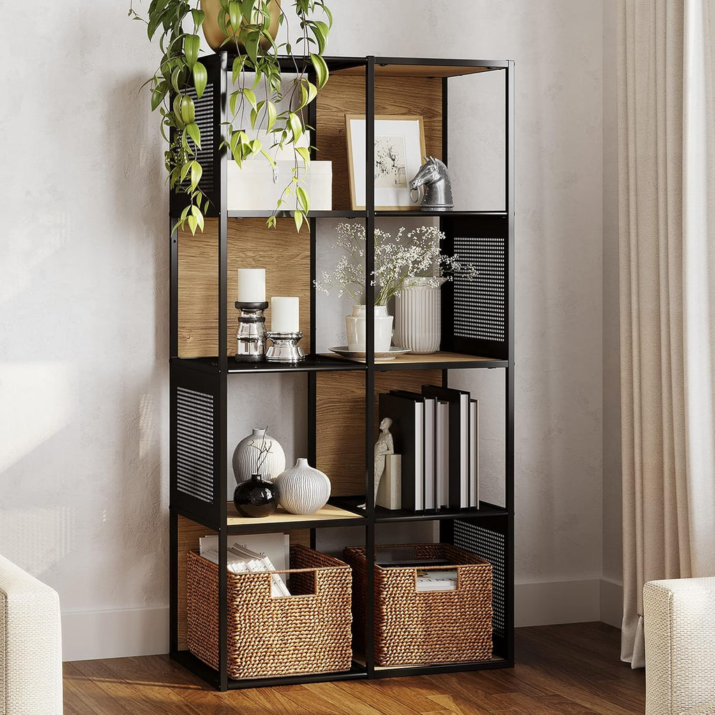 Oak and Black Wood and Metal Cube Storage Bookshelf N757