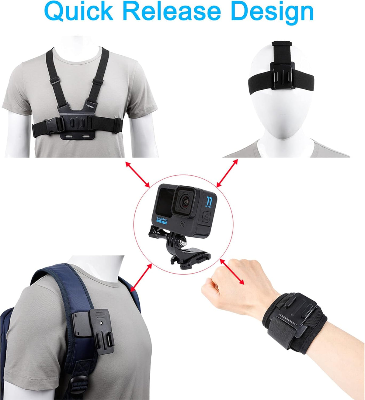 Quick Release Head Strap Mount + Chest Mount Harness + Backpack Clip Holder + 360° Rotating Wrist Strap F57555
