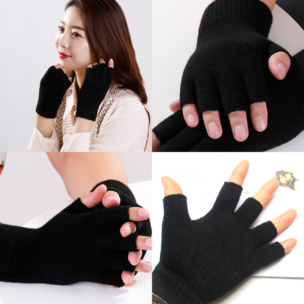 12 Pairs Black Knit Touchscreen Fingerless Gloves D27460