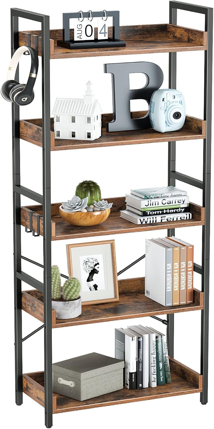 5 Tier Wood Bookshelf with 4 Hooks H6046