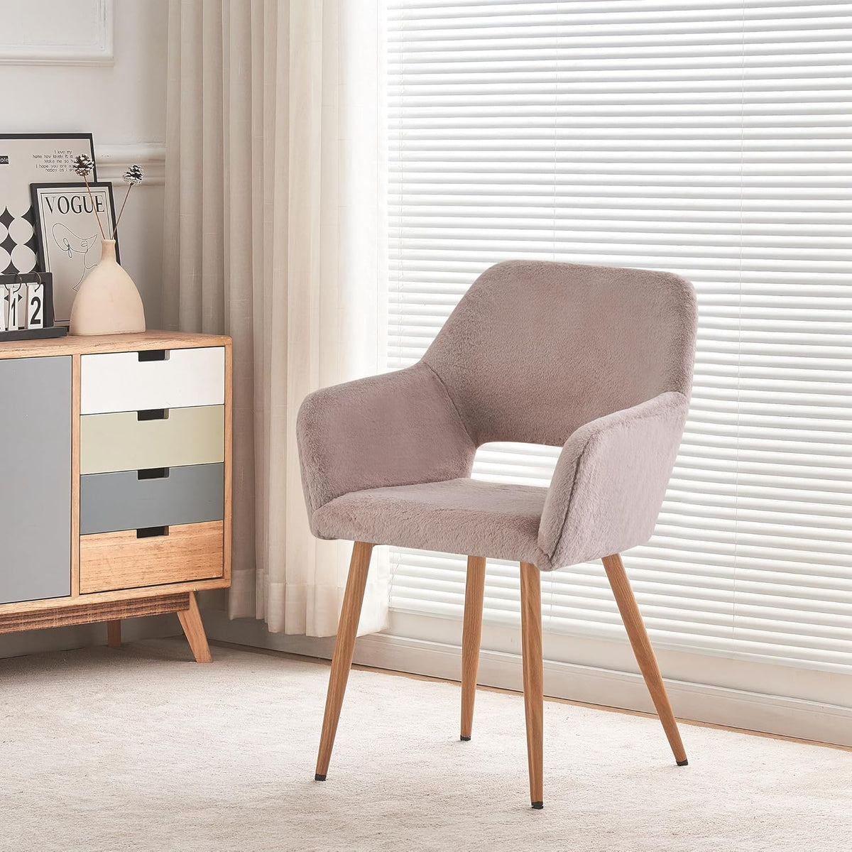 Grey Faux Fur Side Chair with Wood Metal Legs A856958