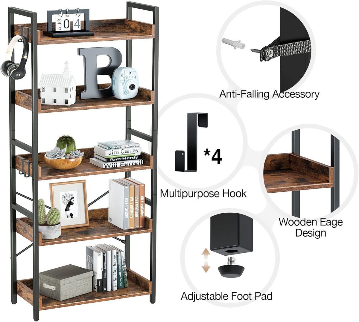 5 Tier Wood Bookshelf with 4 Hooks H6046